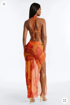 Orange Floral 3 Piece Bikini Set & Cover Up Cowl Neck Dress Sunsuit thumbnail 2