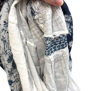 Mixed floral print boho smocked shirred midi maxi patchwork navy white dress thumbnail 13