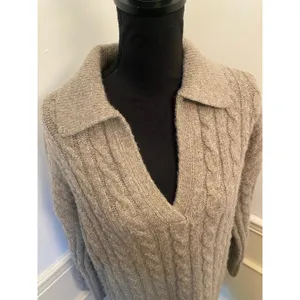 Magaschoni Cable Knit Polo Fold Over Collar Sweater Dress V Neck Quiet Luxury thumbnail 2