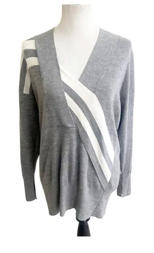 Rag & Bone Sweater Womens XS Gray Diagonal Stripe Merino Wool V-Neck Preppy thumbnail 1
