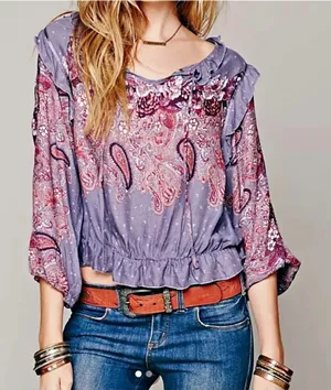 Free People Blouse Womens Medium Purple Boho‎ Paisley Floral Ruffle Peplum Top thumbnail 1