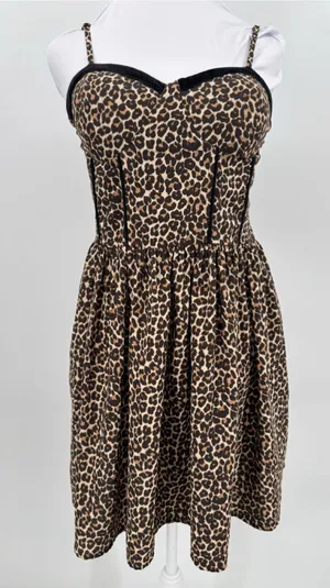 Leopard Print Mini Dress Velvet Trim Smocked Back Mobwife Animal Print Cheetah thumbnail 1