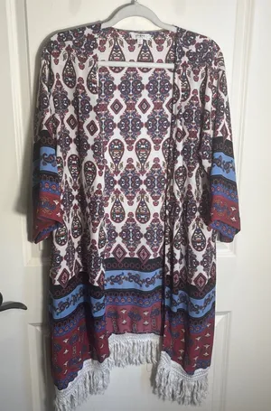 UMGEE Women's Size L/XL Kimono Top Open Front Maroon Fringe‎ Festival Boho thumbnail 1