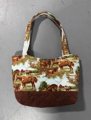 Handmade Quilted Horse Print Tote Bag Brown Equestrian Scenic Shoulder Bag thumbnail 1