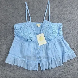 Rebellion Again Light Blue Lace Button-Up Tank Top, Size Large thumbnail 1