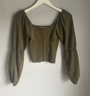 Zara Ren Faire Olive Green Knit Button Front Balloon Sleeve Crop Top Small thumbnail 1