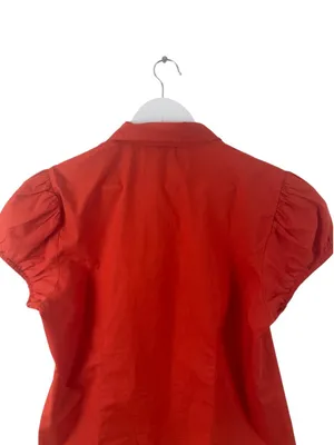 Anthropologie Maeve Red Short Puff Sleeve Ruched Blouse L thumbnail 5