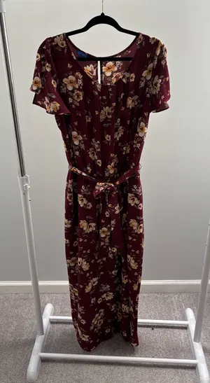 Apt. 9 Burgundy Floral Flutter Sleeve Jumpsuit with Belt thumbnail 1