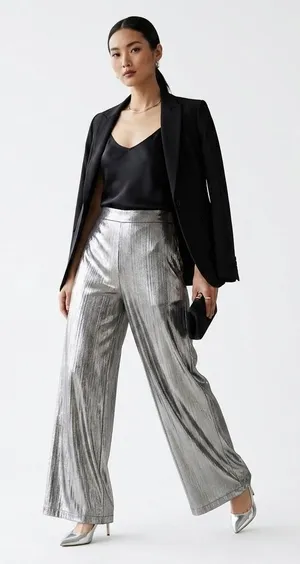 Lulus Silver Metallic Wide Leg Pants High Waisted Trousers XS Holiday thumbnail 1