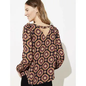 Ann Taylor LOFT Medallion Ruffle Shoulder Bar Back Blouse Long Sleeve Top Large thumbnail 2