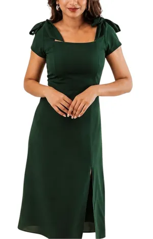 NWT Ivy City Co Marni Dress Dark Green Square Neck Shoulder Ties Midi SMALL thumbnail 1