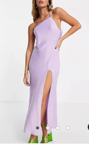 ASOS DESIGN one shoulder midaxi dress in satin with drape back in lilac thumbnail 1
