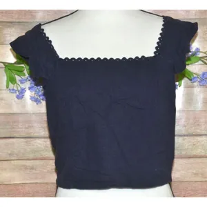 Ann Taylor Navy Scallop Square Neck Crop Top Size 10 Ruffle Linen Festival thumbnail 1