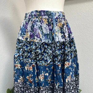 Sostanza Blue Floral Maxi Skirt Lined Stripe Patch 100% Cotton Boho Chic Casual thumbnail 3
