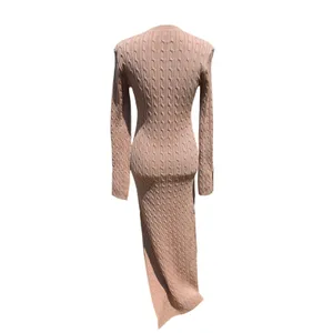 4th & Reckless NWOT 49Y Mocha Tan Cable Knit‎ Maxi Dress Long Sleeve Side Slit M thumbnail 4