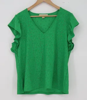 Michael Kors Top Womens XL Eyelet Lace Flutter Sleeve Green Ruffle Excellent thumbnail 1