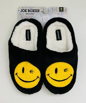 JOE BOXER Black Yellow Mr. Winkey Smiley Face Faux Fur SlipOn Slippers - M (7-8) thumbnail 1
