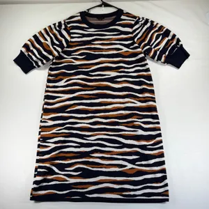 Ann Taylor Navy Cognac Zebra Print Short Sleeve Sweater Dress Large Avante Garde thumbnail 3