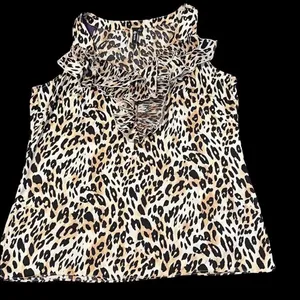 Milano size large leopard print sleeveless blouse with ruffles EUC Tan thumbnail 2