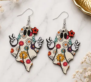 NEW Floral Ghost Dangle Earrings Double-Sided Halloween Boho NWT thumbnail 1