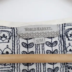 World Market White Navy Blue Embroidered Cotton Peasant Blouse Peplum Top S/M thumbnail 3