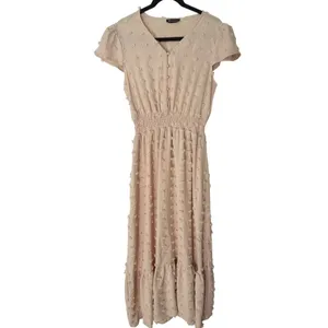 PrettyGarden Women Beige Swiss Dot Smocked Waist V-Neck Ruffle Midi Dress Medium thumbnail 2