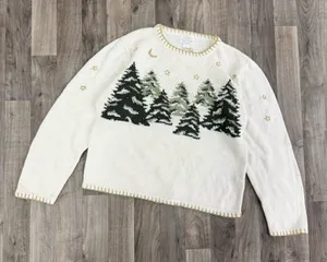 Vintage Christmas Tree Holiday beaded hand knitted sweater thumbnail 1