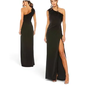 MAC DUGGAL NWT Black One Shoulder Feather Trim Gown, Size 6 ($398) thumbnail 2
