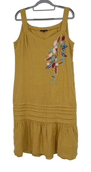 For Cynthia Womens Mustard Yellow Linen Blend Embroidered Floral Dress Size M‎ thumbnail 1