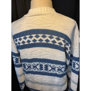 Vintage Cafe La Vie Blue Cream Geometric‎ Fair Isle Mock Neck Knit Sweater thumbnail 4