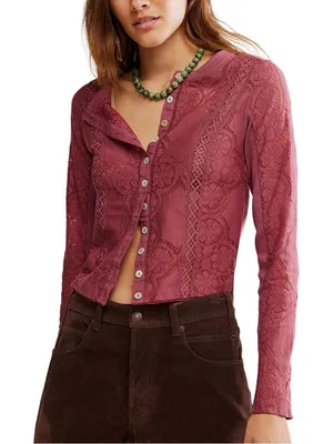 FREE PEOPLE Jae Knit Sheer Lace Long Sleeve Top Cardigan Cropped Y2K Boho XS thumbnail 13