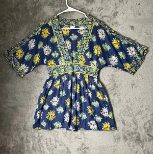 Vintage Y2K Bohemian Floral Kimono Short Sleeve Empire Waist Peplum Tunic Small thumbnail 1