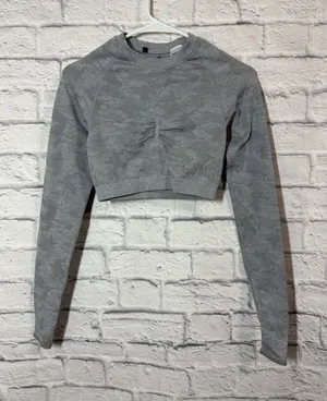 Gymshark Grey Cropped Long-Sleeve Top, Small thumbnail 1