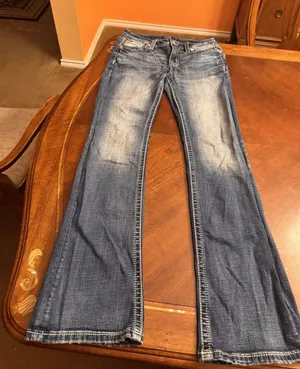 Miss Me Jeans, Slim Boot Women's Size 28 Blue, Denim, Gems Back Pocket, Flared thumbnail 1