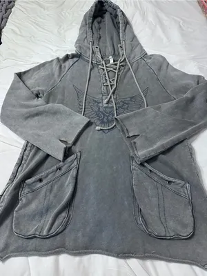We The Free Women's Gray Lace-Up Hooded Pullover Hoodie - Size L thumbnail 4