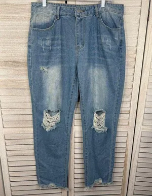 Women's Relaxed Fit Jeans with Factory Fading, Rips & Distressing Light Wash-XL thumbnail 1