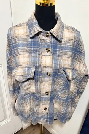 Active USA Blue Tan‎ Plaid Wool Blend Shacket Button Front Jacket Large J12525 thumbnail 1