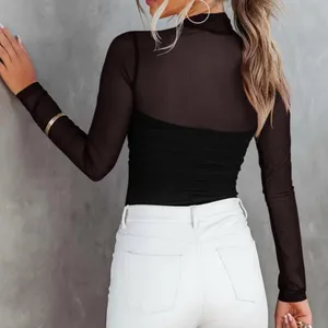 NWT REORIA Black Mesh Mock Neck Long Sleeve Ruched Bodysuit Top -Small thumbnail 2