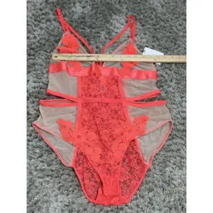 French Affair Lace Mesh Bodysuit Teddy Lingerie Floral Cutout Strappy 1X NWT thumbnail 12