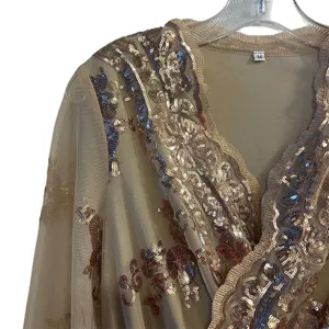 Rouge Women's M Beige Champagne V-Neck‎ Midi Dress with Rose Gold Sequins thumbnail 6