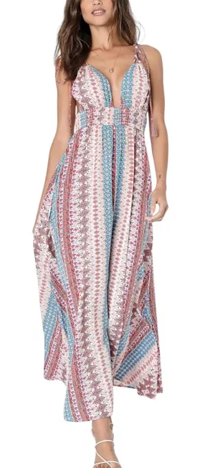 Lulus Maxi Dress Size Medium Pink Multi Print Boho Sleeveless Tie-Strap Resort thumbnail 1