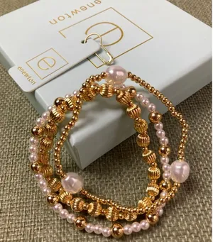 ENewton 3Pcs Gold Ribbed Bead Pearl Stretch Stack Bracelet Set thumbnail 1
