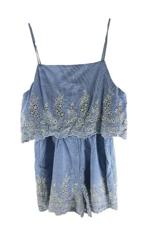Hyfve Blue & White Striped Summer Romper Embroidered Floral Eyelet Size M thumbnail 1