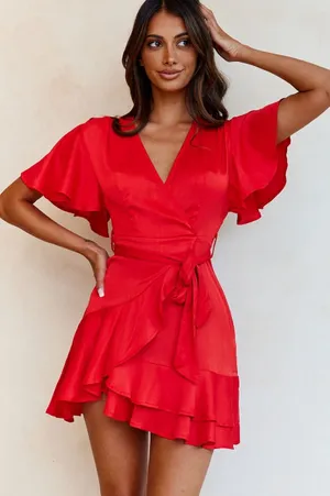$99 NWOT Selfie Leslie Cami Angel Sleeve Faux Wrap Dress Red S thumbnail 1
