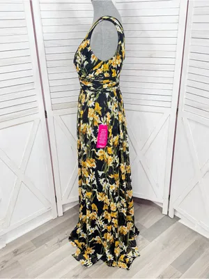 Aidan Mattox Floral Pleat V Neck Front Slit Formal Maxi Dress Black Yellow 8 thumbnail 3