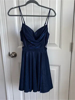 Windsor Shimmery Navy Blue Spaghetti Strap Cutout Mini Dress thumbnail 2