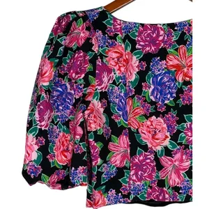 NWT ZARA Floral Cropped Top Plunging Neck Puff Half Sleeves S Black Pink Purple thumbnail 8