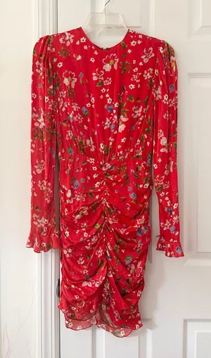 Sau Lee Red Floral Print Ruched Skirt Long Sleeve Fitted Sheath Mini Dress 2 thumbnail 1