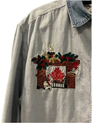 Vintage 90s Christmas Embroidered Button Up Shirt Striped Denim Collar Large thumbnail 6