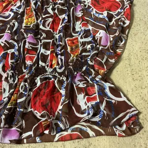 Gialily Abstract Graphic Smocked Waist Blouse Women L/XL Brown Silk Blend Peplum thumbnail 9